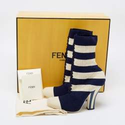Fendi Navy Blue/Cream Striped Knit Fabric Boots Size 38.5
