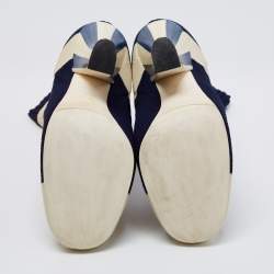 Fendi Navy Blue/Cream Striped Knit Fabric Boots Size 38.5