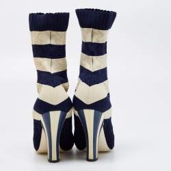 Fendi Navy Blue/Cream Striped Knit Fabric Boots Size 38.5