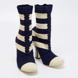 Fendi Navy Blue/Cream Striped Knit Fabric Boots Size 38.5
