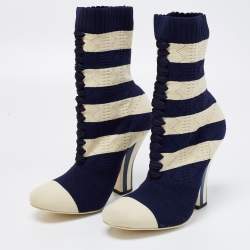 Fendi Navy Blue/Cream Striped Knit Fabric Boots Size 38.5