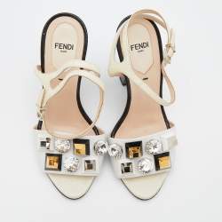 Pre Owned Fendi Multicolor Leather and Lizard Embossed Leather Fantasia Studded Ankle Strap Sandals Size 36