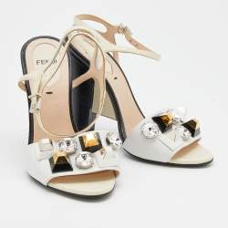 Pre Owned Fendi Multicolor Leather and Lizard Embossed Leather Fantasia Studded Ankle Strap Sandals Size 36