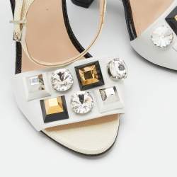 Pre Owned Fendi Multicolor Leather and Lizard Embossed Leather Fantasia Studded Ankle Strap Sandals Size 36