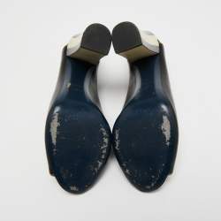 Pre Owned Fendi Black/Olive Green Wave Leather Block Heel Peep Toe Pumps Size 40