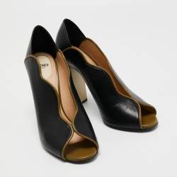Pre Owned Fendi Black/Olive Green Wave Leather Block Heel Peep Toe Pumps Size 40