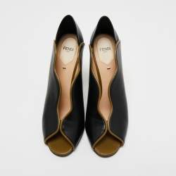 Pre Owned Fendi Black/Olive Green Wave Leather Block Heel Peep Toe Pumps Size 40