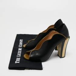 Pre Owned Fendi Black/Olive Green Wave Leather Block Heel Peep Toe Pumps Size 40