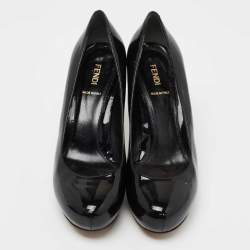 Pre Owned Fendi Black Patent Leather Platform FF Superstar Pump Size 38
