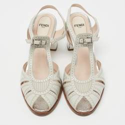 مملوكة مسبقًا Fendi Grey Leather Chameleon T-Strap Sandals Size 38
