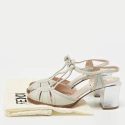 مملوكة مسبقًا Fendi Grey Leather Chameleon T-Strap Sandals Size 38