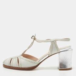 مملوكة مسبقًا Fendi Grey Leather Chameleon T-Strap Sandals Size 38