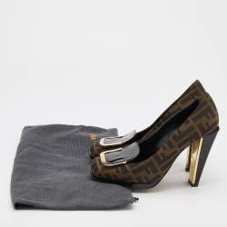 Pre Owned Fendi Brown/Black Zucca Canvas and Patent Leather Square Toe Pumps Size 37.5