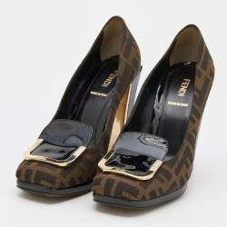Pre Owned Fendi Brown/Black Zucca Canvas and Patent Leather Square Toe Pumps Size 37.5