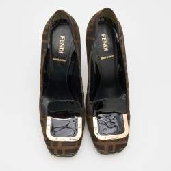 Pre Owned Fendi Brown/Black Zucca Canvas and Patent Leather Square Toe Pumps Size 37.5