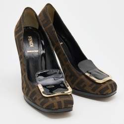 Pre Owned Fendi Brown/Black Zucca Canvas and Patent Leather Square Toe Pumps Size 37.5