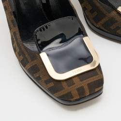 Pre Owned Fendi Brown/Black Zucca Canvas and Patent Leather Square Toe Pumps Size 37.5
