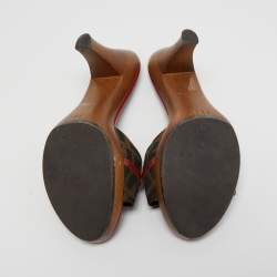 Pre Owned Fendi Brown/Red Zucca Canvas and Leather Platform Slide Sandals Size 38.5
