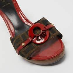 Pre Owned Fendi Brown/Red Zucca Canvas and Leather Platform Slide Sandals Size 38.5