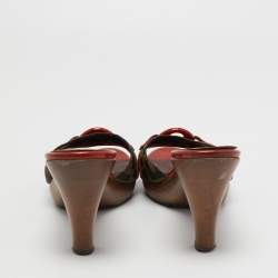 Pre Owned Fendi Brown/Red Zucca Canvas and Leather Platform Slide Sandals Size 38.5