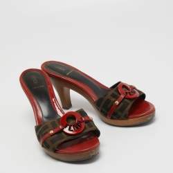Pre Owned Fendi Brown/Red Zucca Canvas and Leather Platform Slide Sandals Size 38.5