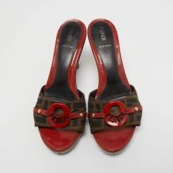 Pre Owned Fendi Brown/Red Zucca Canvas and Leather Platform Slide Sandals Size 38.5