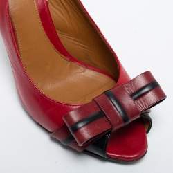 Pre Owned Fendi Red Leather Bow Peep Toe Slingback Pumps Size 38.5