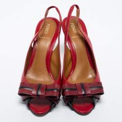 Pre Owned Fendi Red Leather Bow Peep Toe Slingback Pumps Size 38.5
