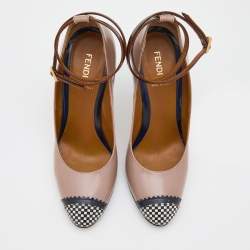 Pre Owned Fendi Multicolor Leather Checkered Cap Toe Ankle Strap Pumps Size 37.5