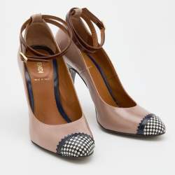 Pre Owned Fendi Multicolor Leather Checkered Cap Toe Ankle Strap Pumps Size 37.5