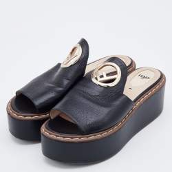 Pre Owned Fendi Black Leather F Logo Platform Sandals Size 38