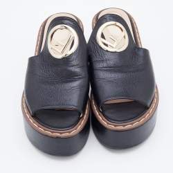 Pre Owned Fendi Black Leather F Logo Platform Sandals Size 38