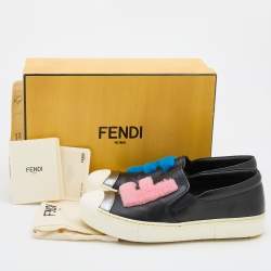 Pre Owned Fendi Black Leather Fflynn Shearling Fur Slip On Sneakers Size 39