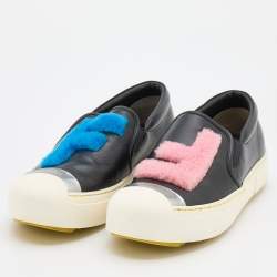Pre Owned Fendi Black Leather Fflynn Shearling Fur Slip On Sneakers Size 39