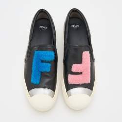 Pre Owned Fendi Black Leather Fflynn Shearling Fur Slip On Sneakers Size 39