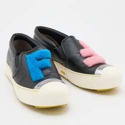 Pre Owned Fendi Black Leather Fflynn Shearling Fur Slip On Sneakers Size 39