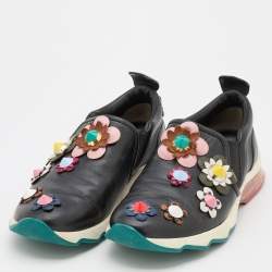 Pre Owned Fendi Black Leather Flowerland Slip On Sneakers Size 39
