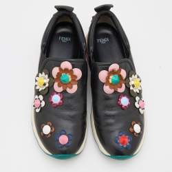 Pre Owned Fendi Black Leather Flowerland Slip On Sneakers Size 39