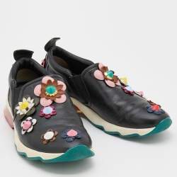 Pre Owned Fendi Black Leather Flowerland Slip On Sneakers Size 39