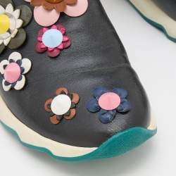 Pre Owned Fendi Black Leather Flowerland Slip On Sneakers Size 39