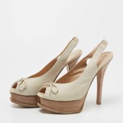 Pre Owned Fendi Light Grey Python Embossed Leather Fendista Bow Slingback Pumps Size 38.5