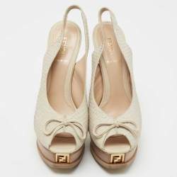 Pre Owned Fendi Light Grey Python Embossed Leather Fendista Bow Slingback Pumps Size 38.5