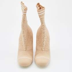 Pre Owned Fendi Beige Knit Fabric Rockoko Runway Openwork Ankle Boots Size 38