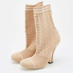 Pre Owned Fendi Beige Knit Fabric Rockoko Runway Openwork Ankle Boots Size 38
