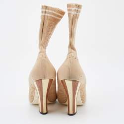 Pre Owned Fendi Beige Knit Fabric Rockoko Runway Openwork Ankle Boots Size 38