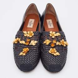 Pre Owned Valentino Black Woven Leather Flower Embellished Espadrilles Flats Size 39