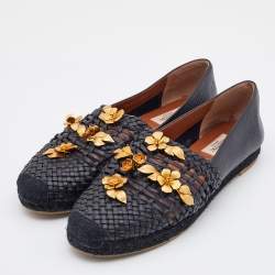 Pre Owned Valentino Black Woven Leather Flower Embellished Espadrilles Flats Size 39
