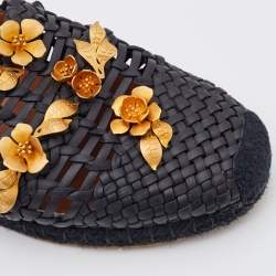 Pre Owned Valentino Black Woven Leather Flower Embellished Espadrilles Flats Size 39