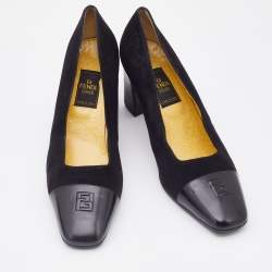 Pre Owned Fendi Vintage Black Suede and Leather Block Heel Pumps Size 38.5