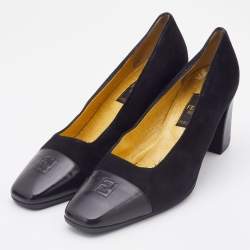 Pre Owned Fendi Vintage Black Suede and Leather Block Heel Pumps Size 38.5